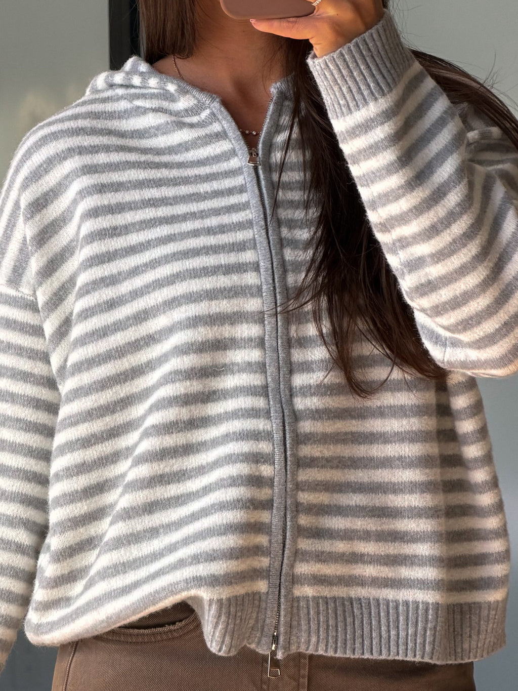Aylia Zip-Up Hoodie | Grey Stripe