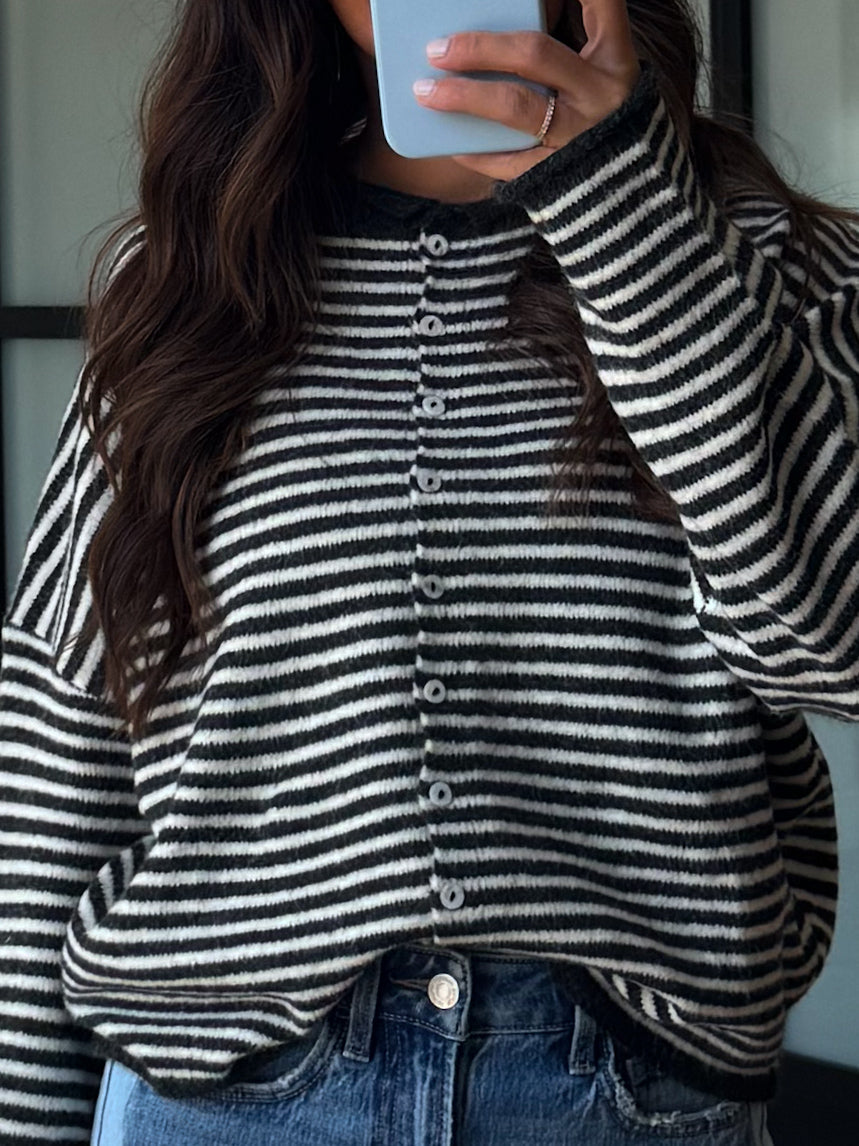 Isla Cardigan | Mini Striped Charcoal | RESTOCK