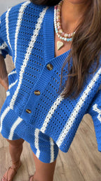Sun Ray Open Knit Button Top | Blue/White