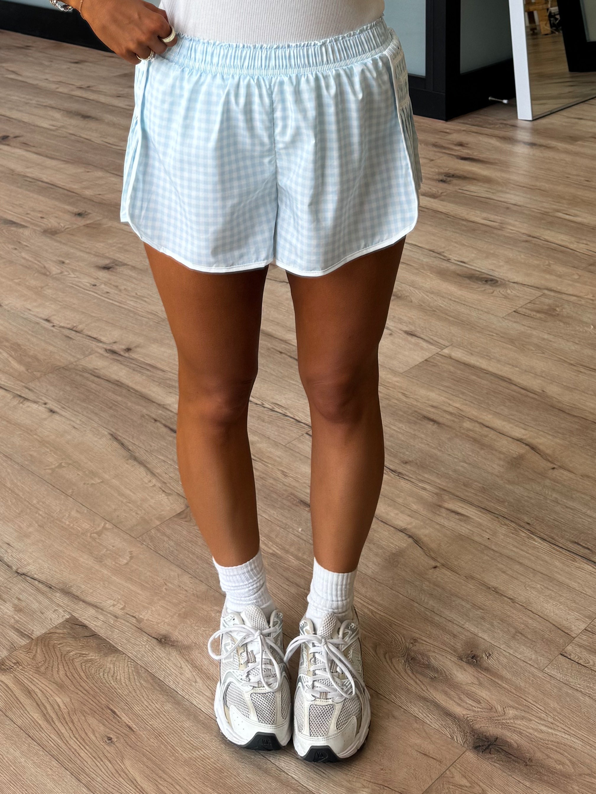 Gingham Side Pleated Shorts | Light Blue