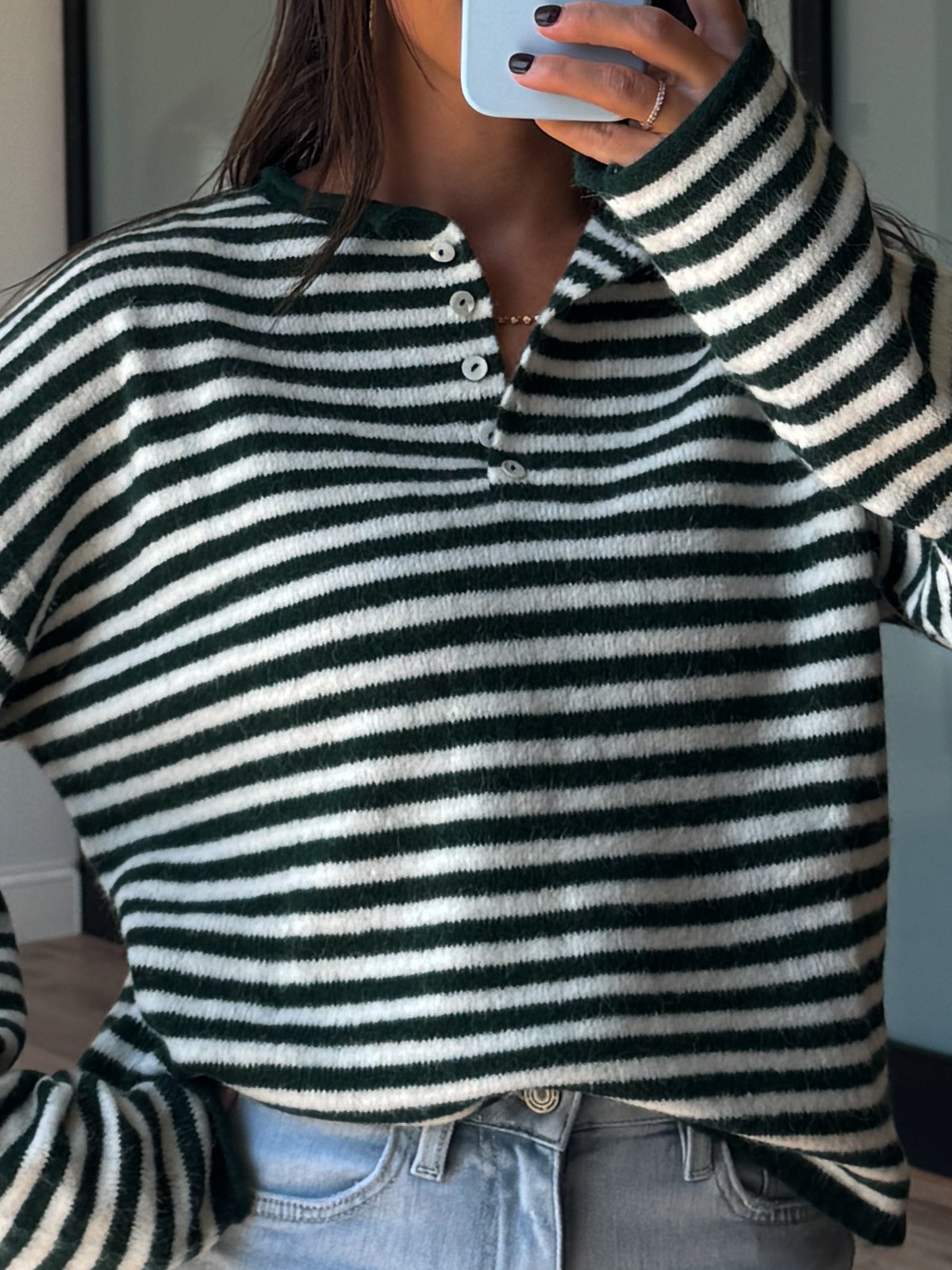 Henley Isla Stripe Sweater | Forest | RESTOCK