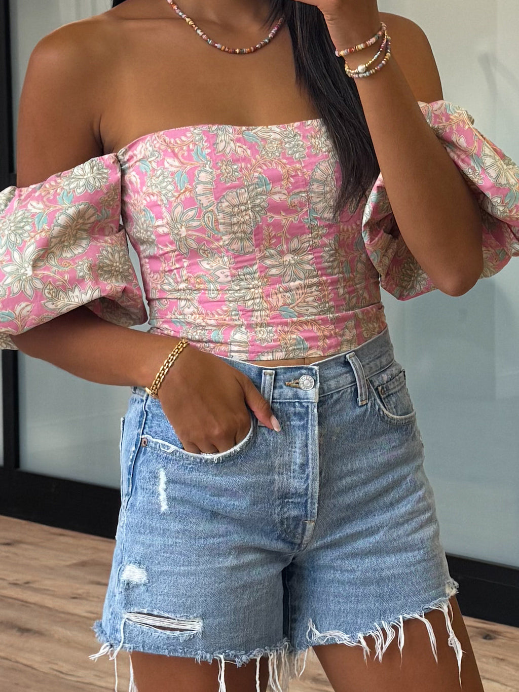 Eve Off-The-Shoulder Puff Sleeve Top | Rosé Mint