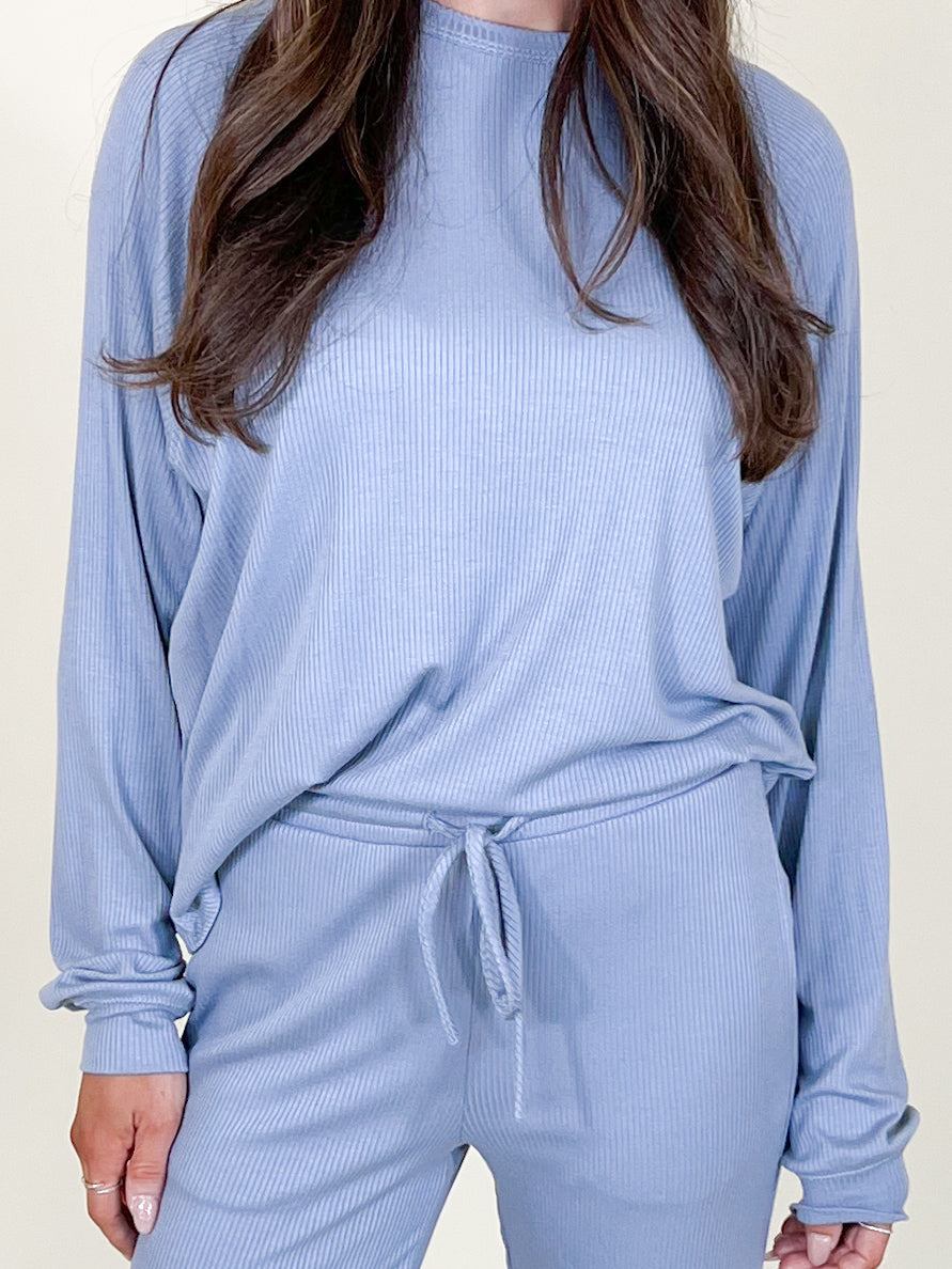 Downtime Ribbed Raglan Lounge Top | Smoke Blue | +Plus Available | FINAL SALE