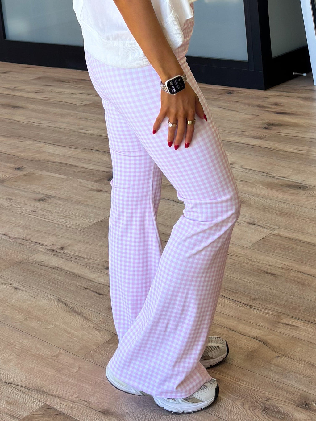 Crossover Check Point Flare Leggings | Pink Gingham