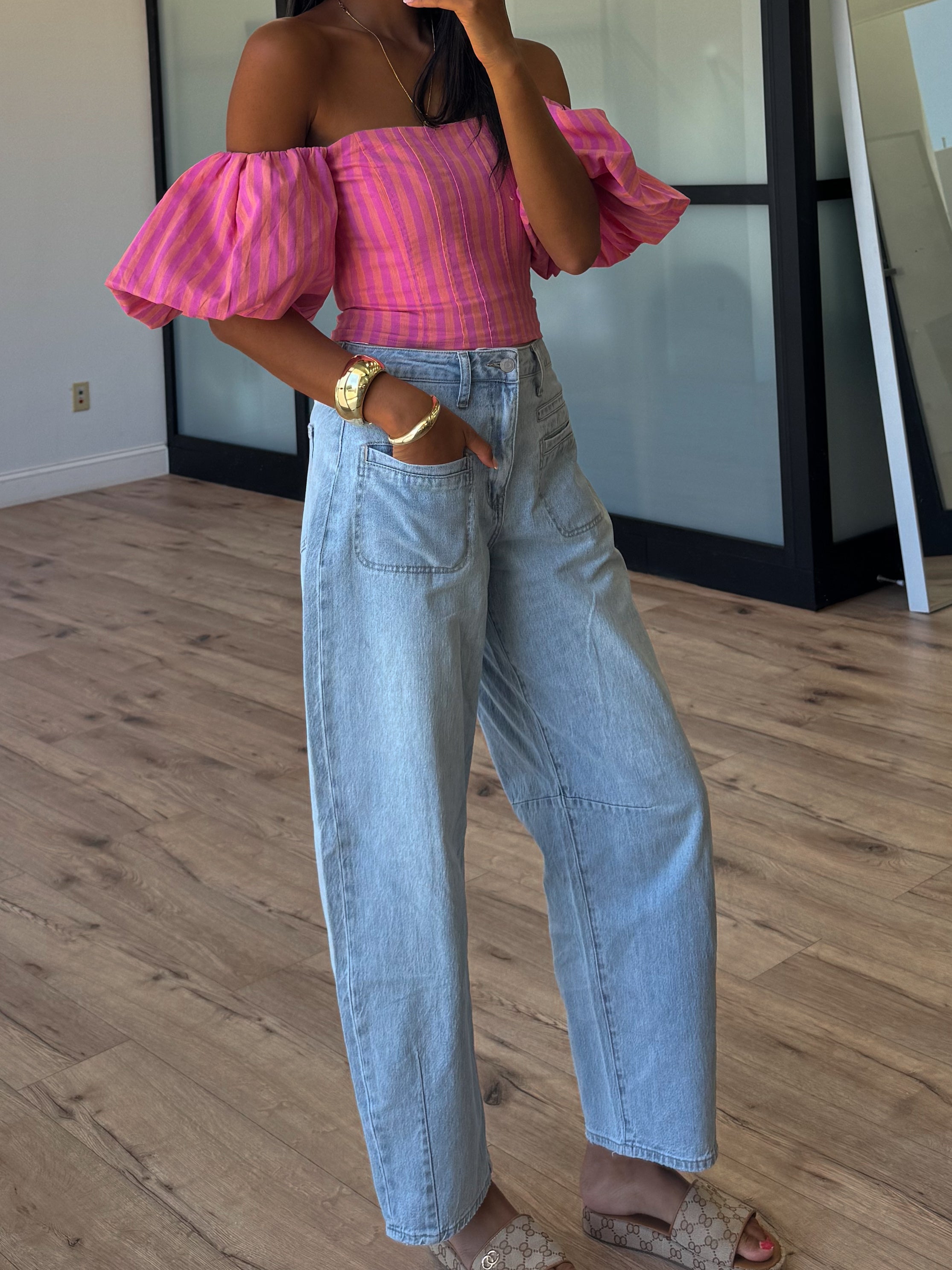 Eve Off-The-Shoulder Puff Sleeve Top | Tropink Stripe