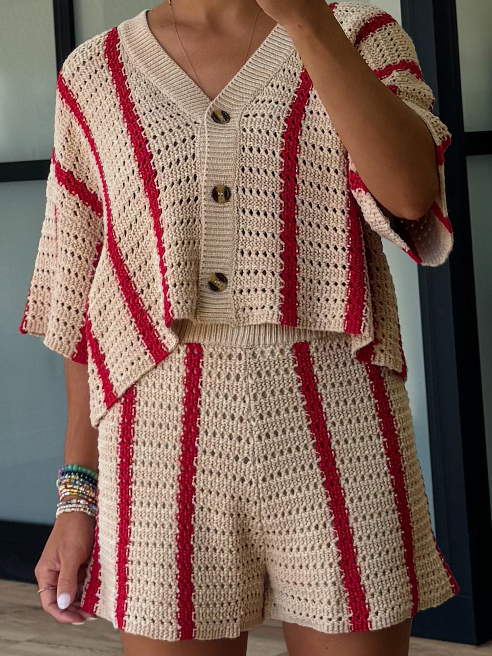 Sun Ray Open Knit Shorts | Red Stripe