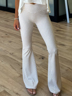 Crossover Check Point Flare Leggings | Beige Gingham
