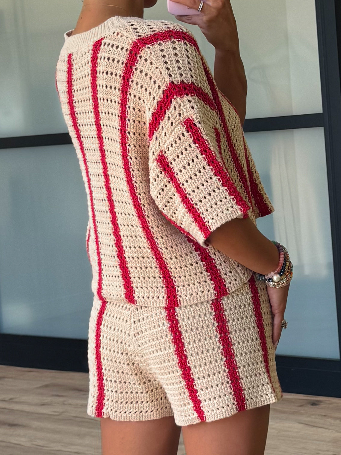 Sun Ray Open Knit Shorts | Red Stripe