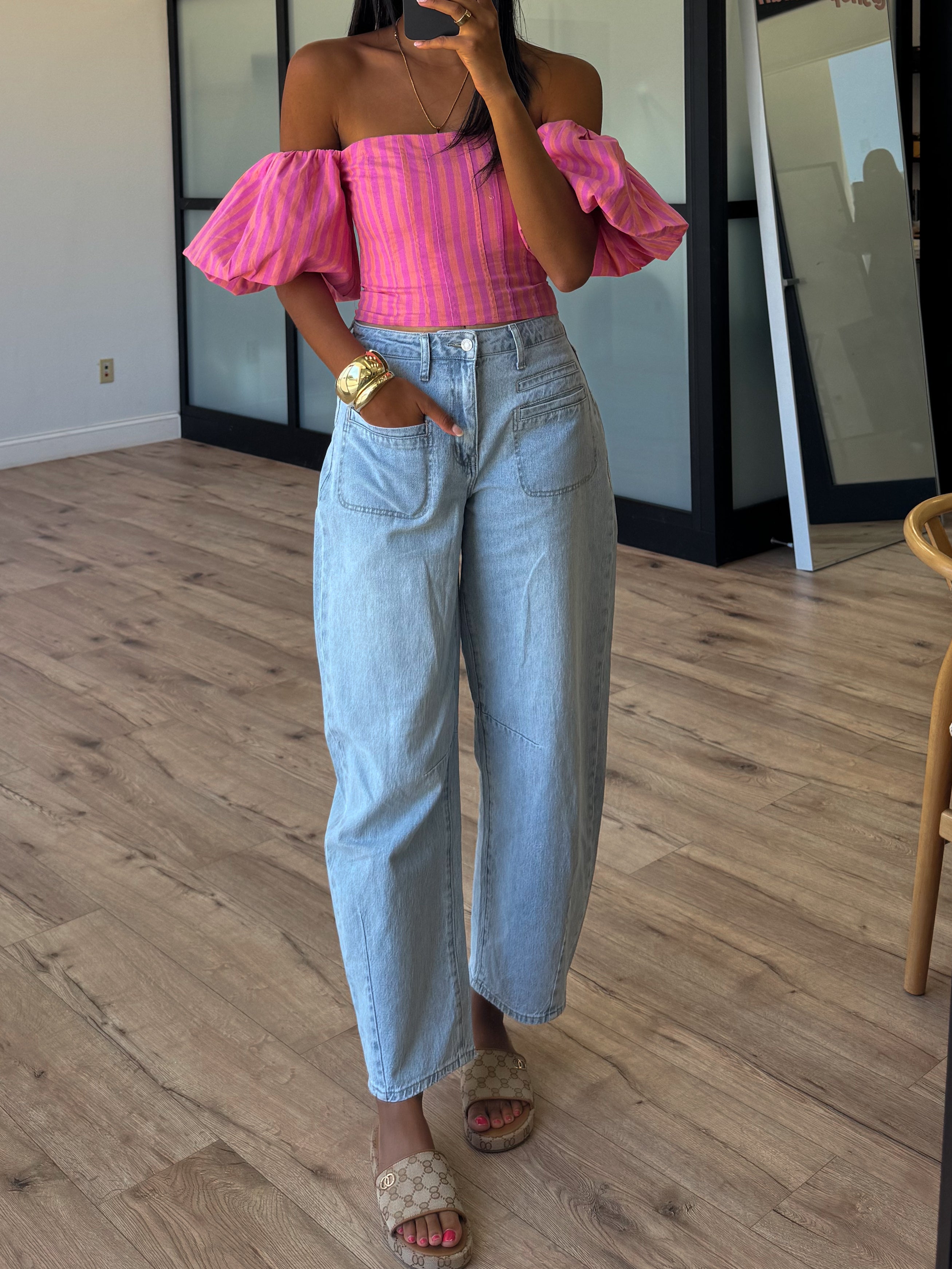 Eve Off-The-Shoulder Puff Sleeve Top | Tropink Stripe