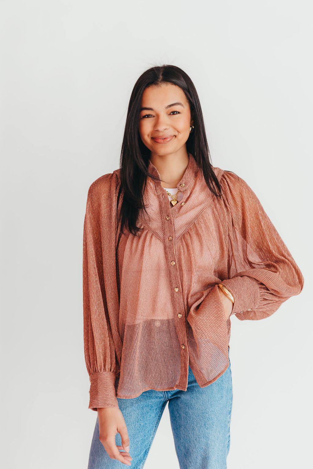 Pleated Shimmer Blouse | Rose Gold | FINAL SALE
