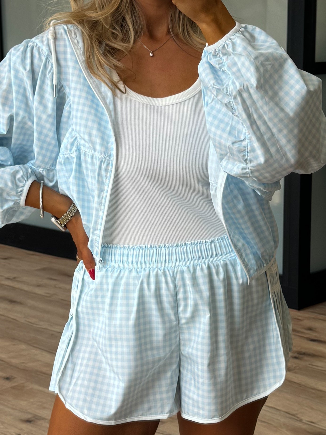 Gingham Windbreaker Jacket | Light Blue