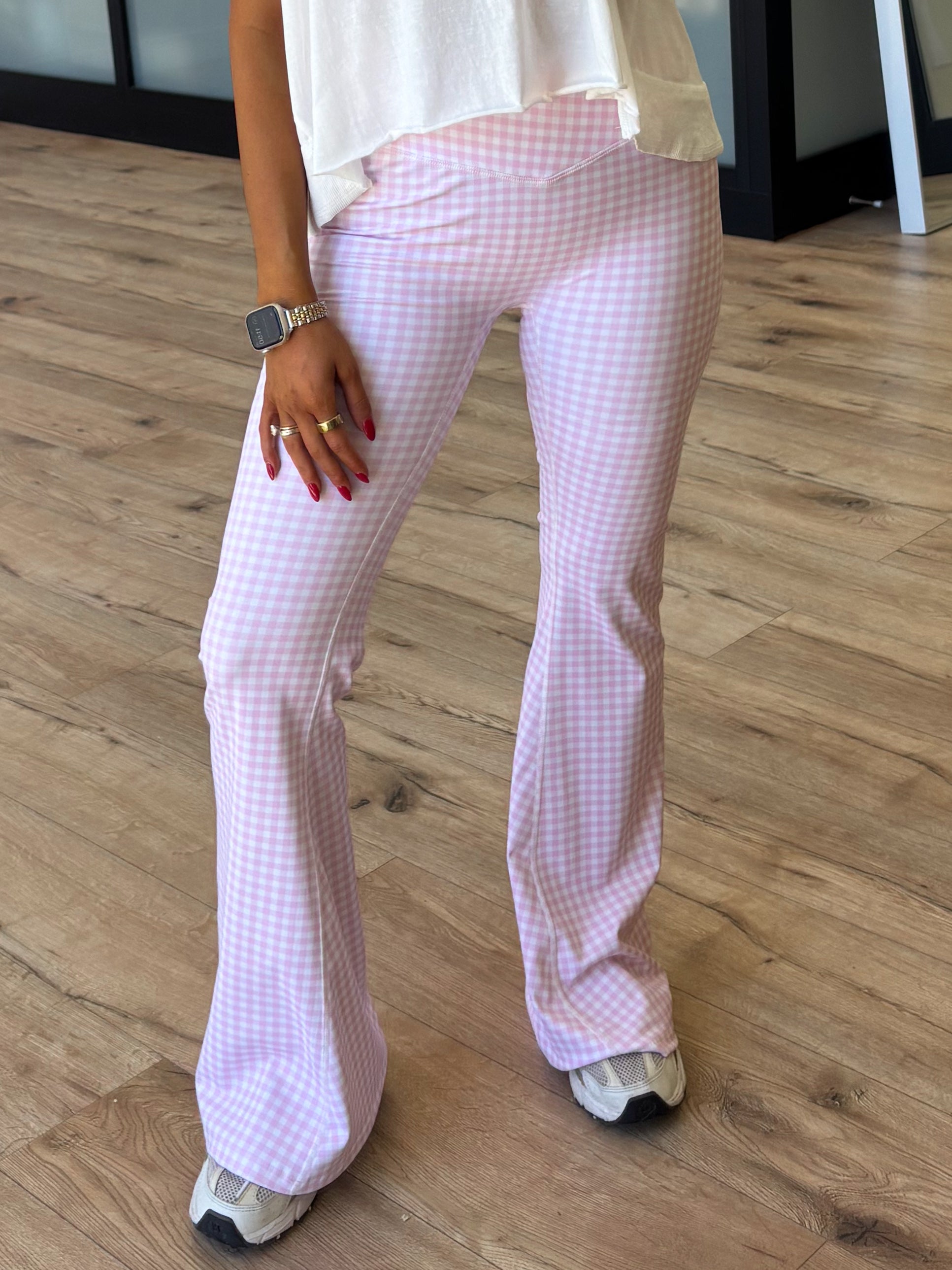 Crossover Check Point Flare Leggings | Pink Gingham