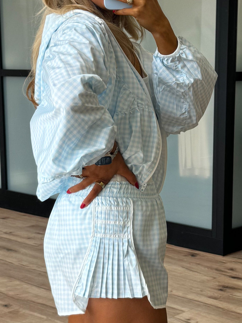 Gingham Windbreaker Jacket | Light Blue