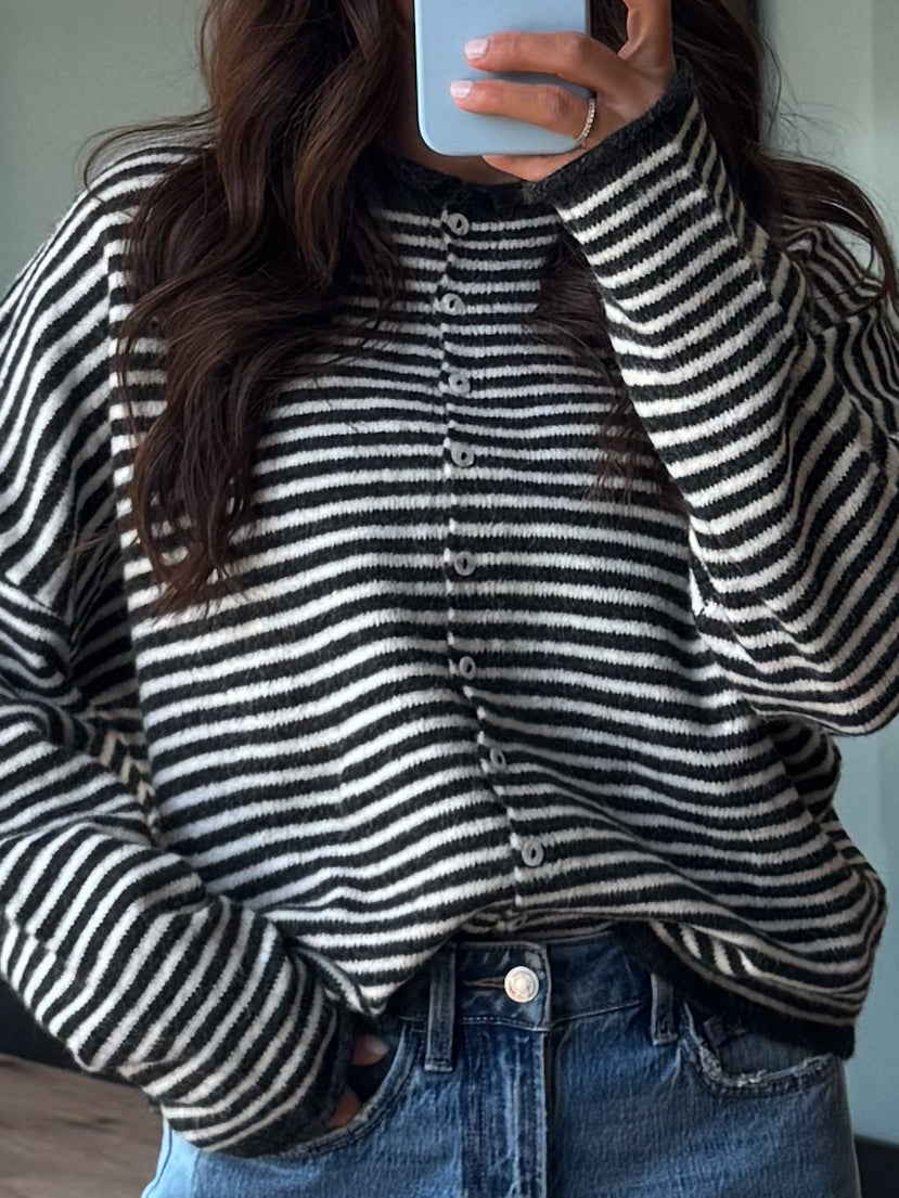 Isla Cardigan | Mini Striped Charcoal | RESTOCK