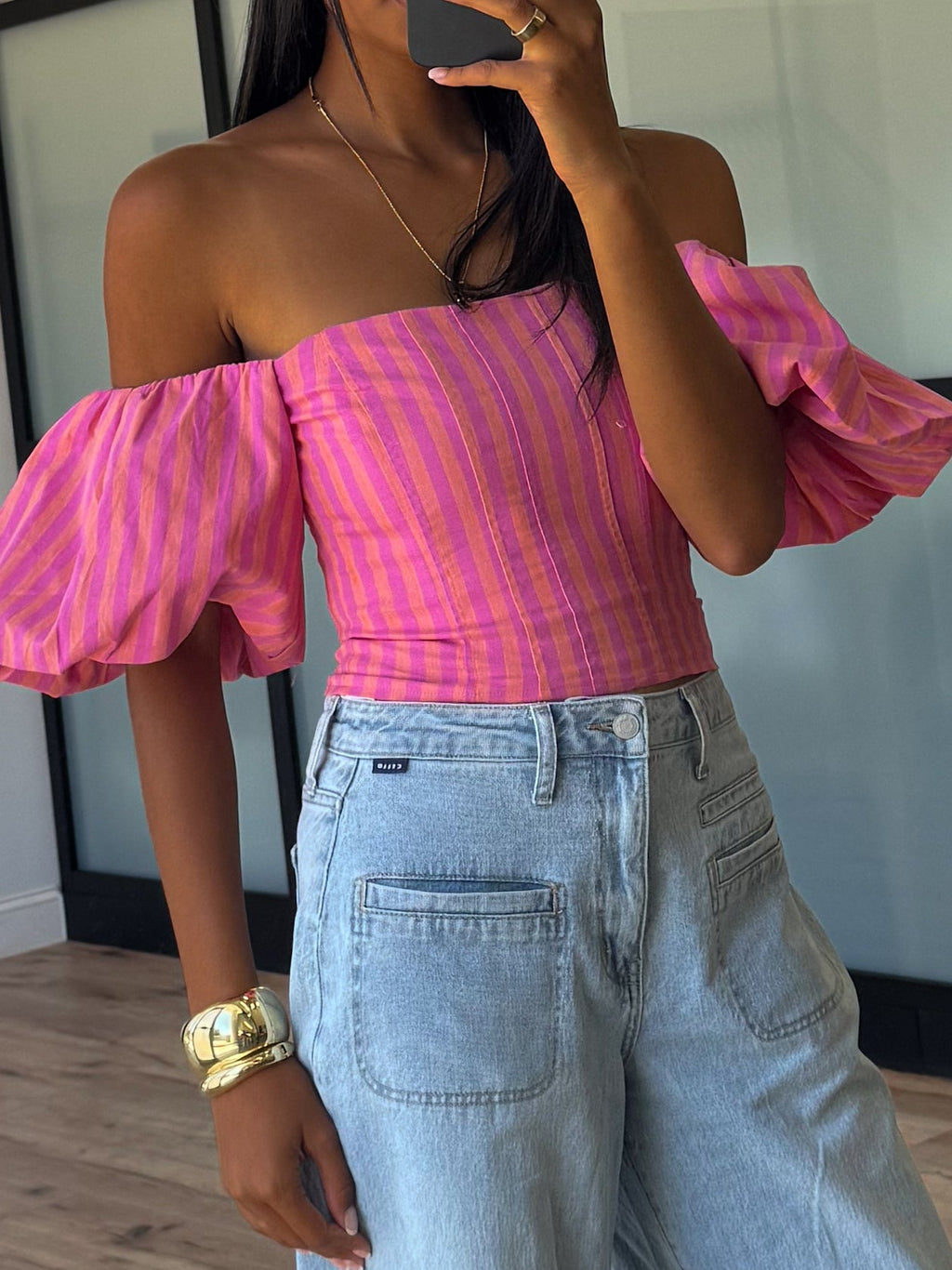 Eve Off-The-Shoulder Puff Sleeve Top | Tropink Stripe