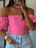 Eve Off-The-Shoulder Puff Sleeve Top | Tropink Stripe