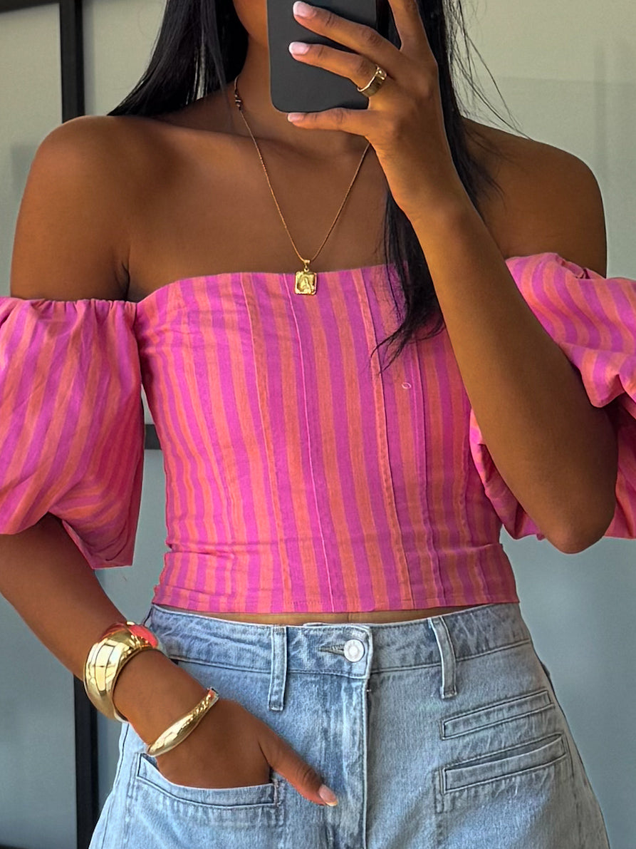 Eve Off-The-Shoulder Puff Sleeve Top | Tropink Stripe