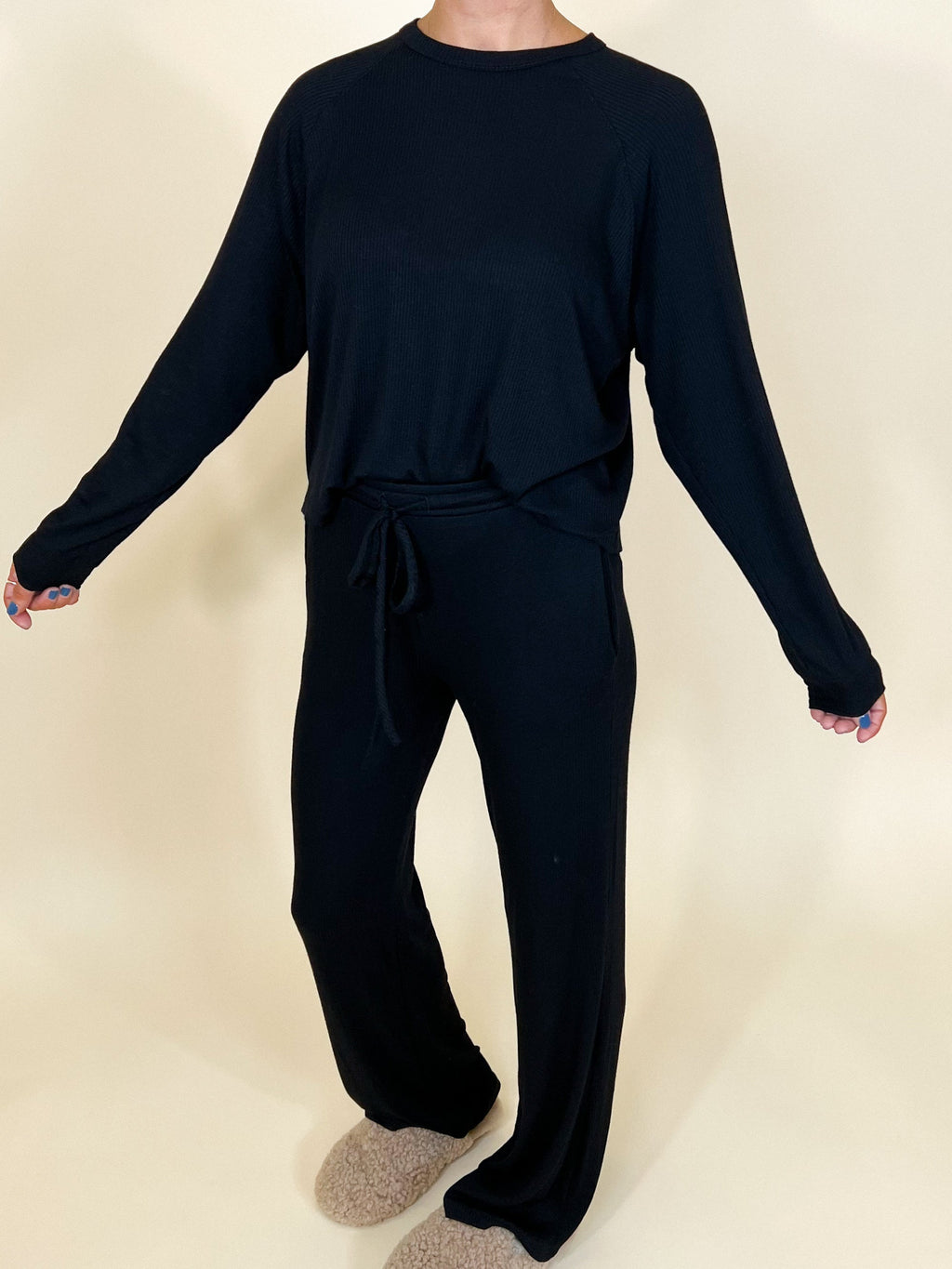 Downtime Ribbed Raglan Lounge Top | Black | +Plus Available | FINAL SALE