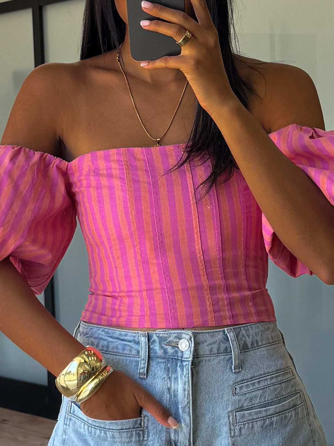 Eve Off-The-Shoulder Puff Sleeve Top | Tropink Stripe