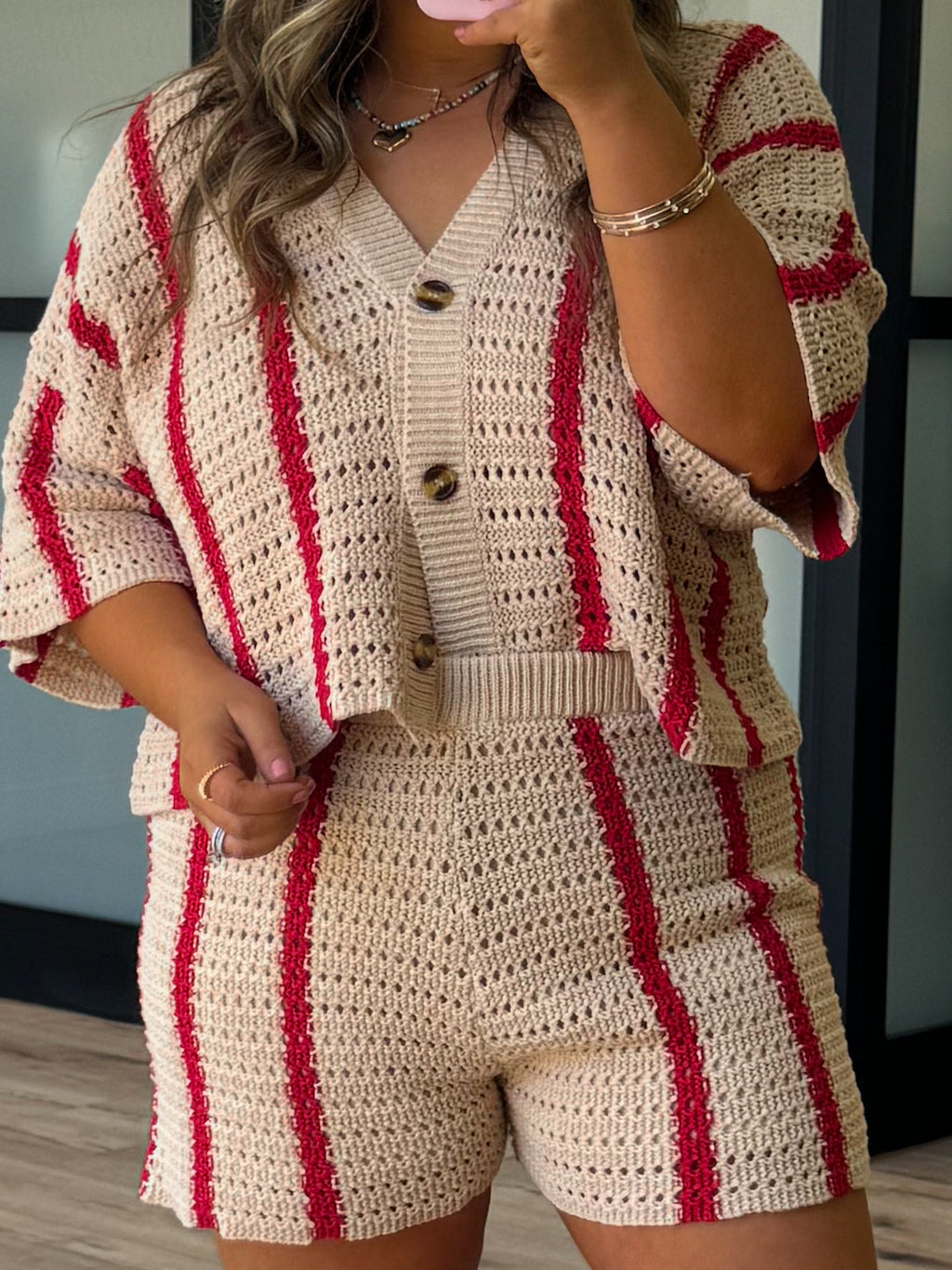 Sun Ray Open Knit Shorts | Red Stripe