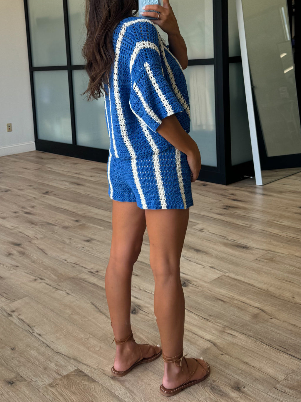 Sun Ray Open Knit Button Top | Blue/White