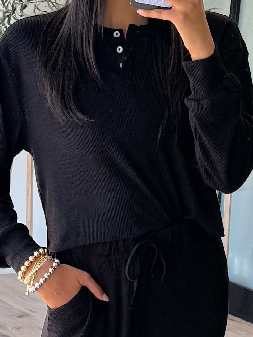 At Your Leisure Cropped Henley | Black | RESTOCK | FINAL SALE