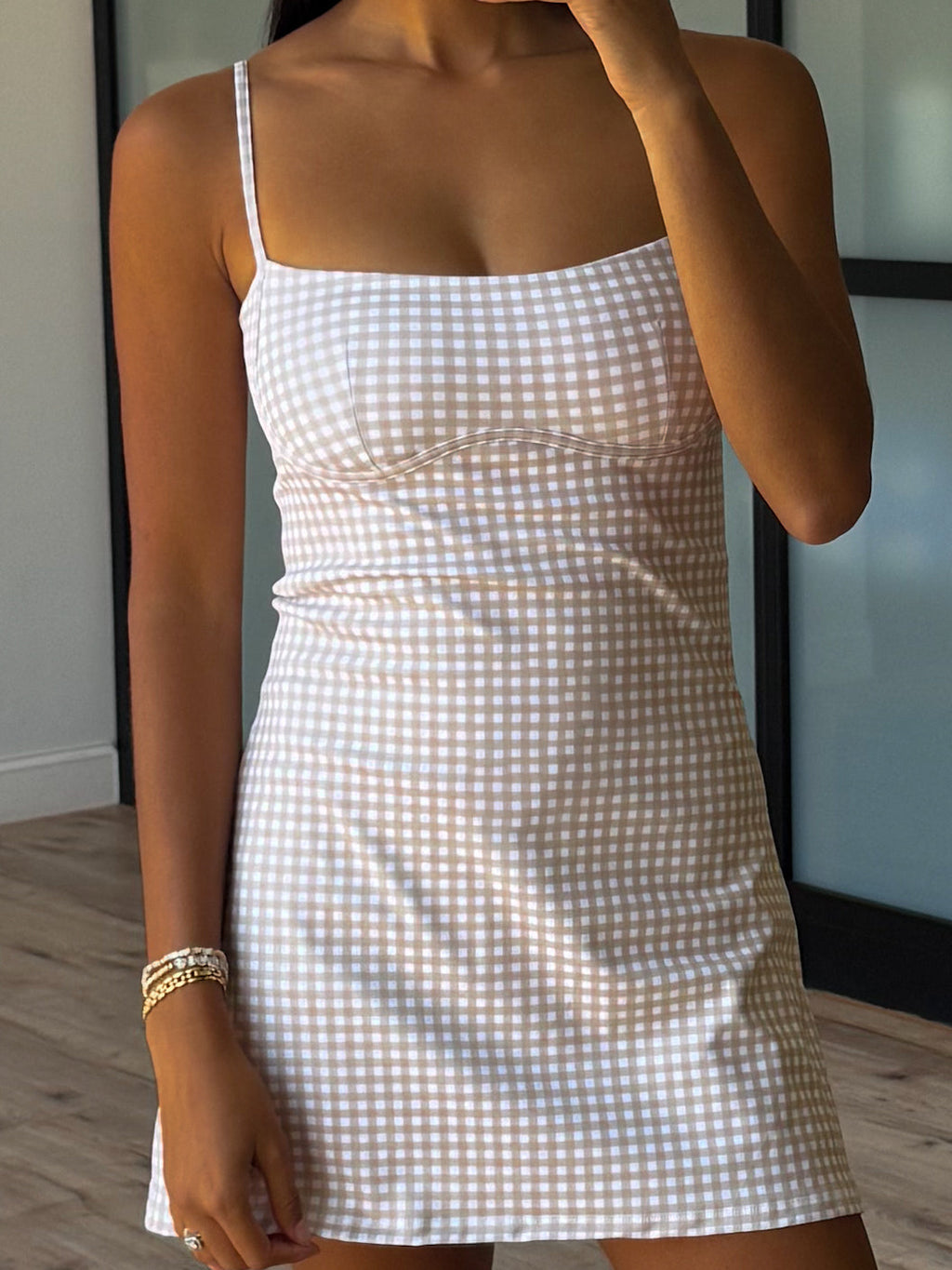 Sweetheart Active Dress | Beige Gingham | RESTOCK