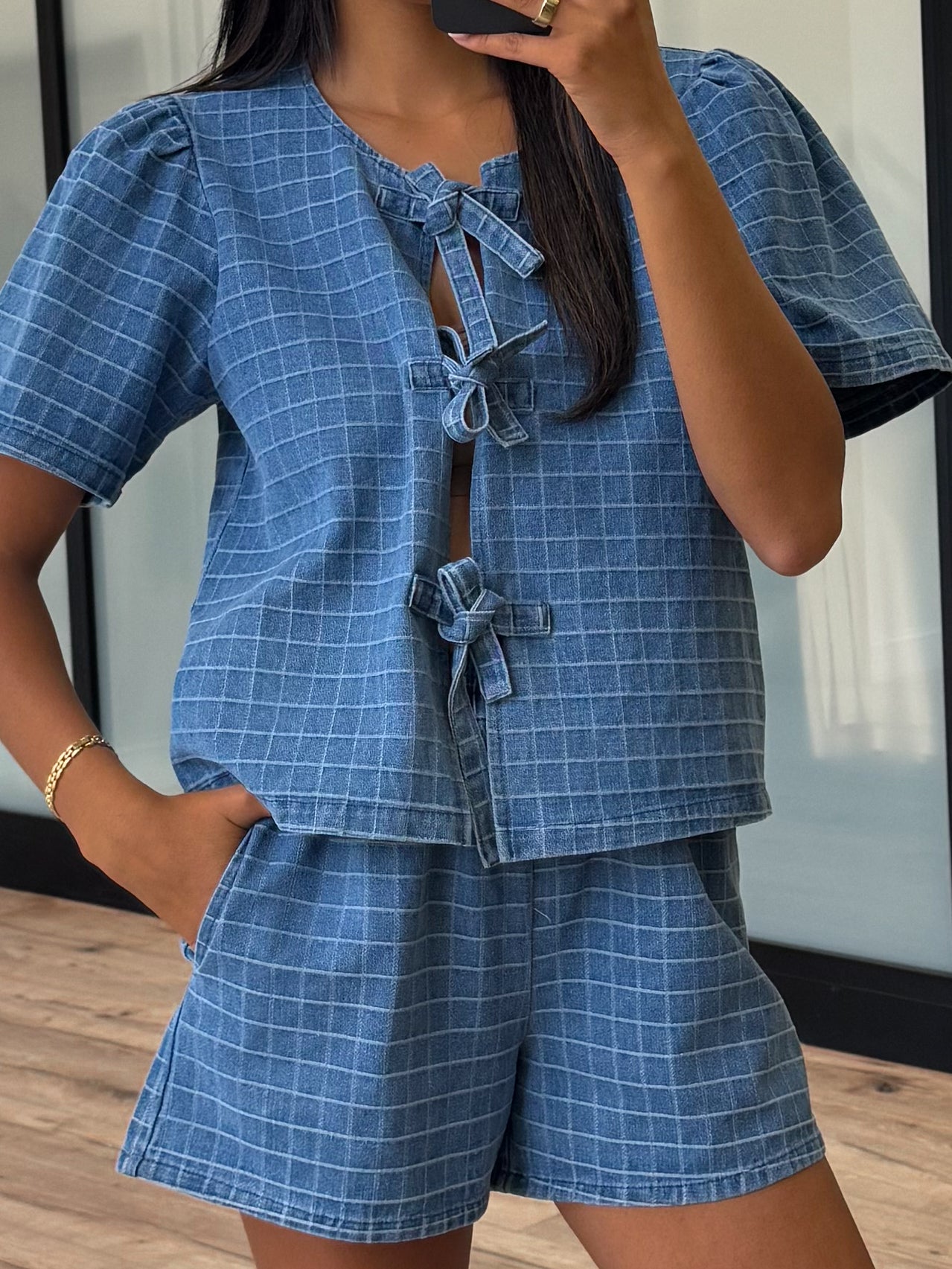 Gridlocked Tie-Front Top